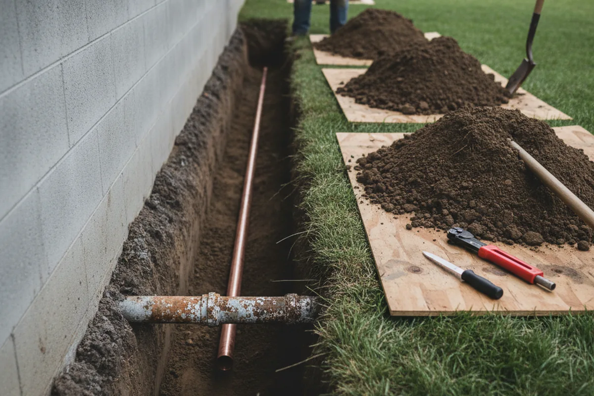 Excavated water line trench during Water Heater Repair in Tuskegee Institute